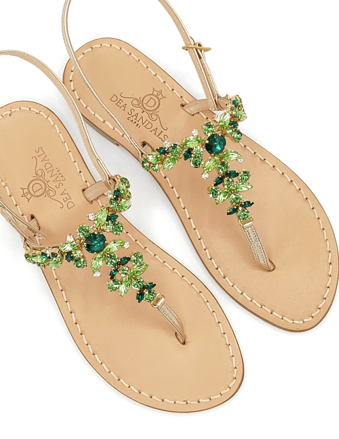 Scopolo Green Jeweled Sandals strip in gold-colored leather