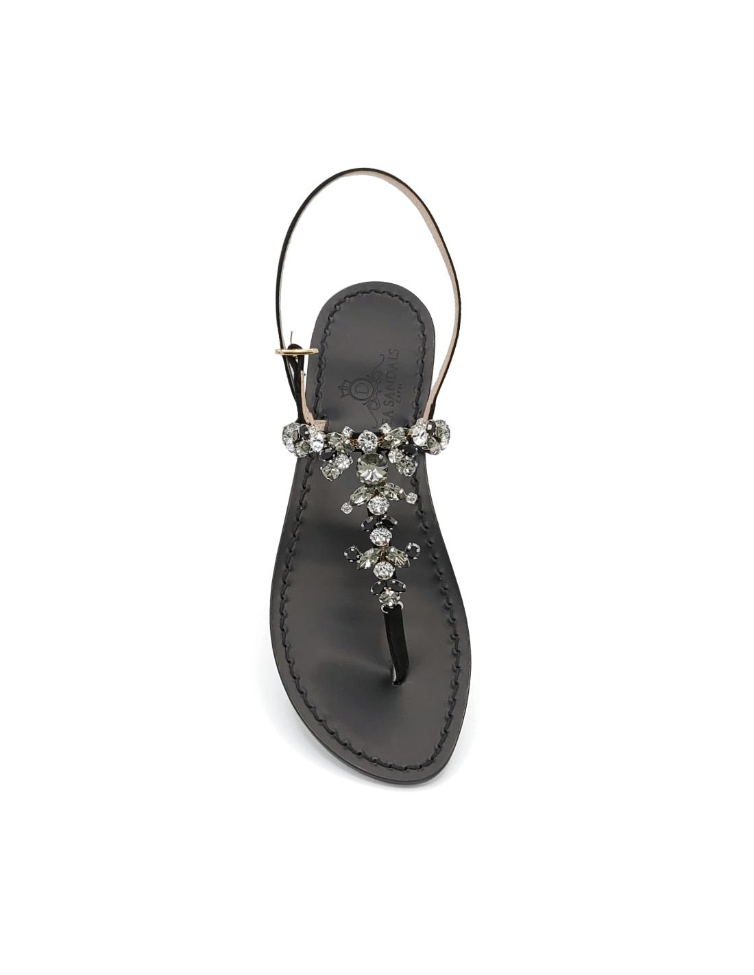 Scopolo jewel thong sandals black suede straps, black leather sole
